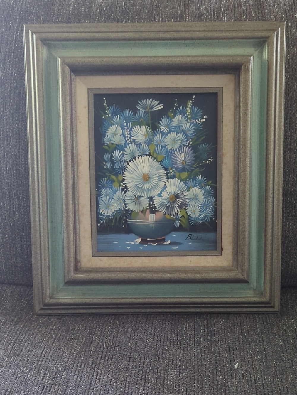 Vintage Framed Blue Floral Art Print in Teal and Gray Frame